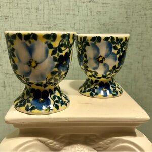 POLISH POTTERY BLUE AND YELLOW FLORAL CERAMIC EGG CUPS MILLENA FACTORY